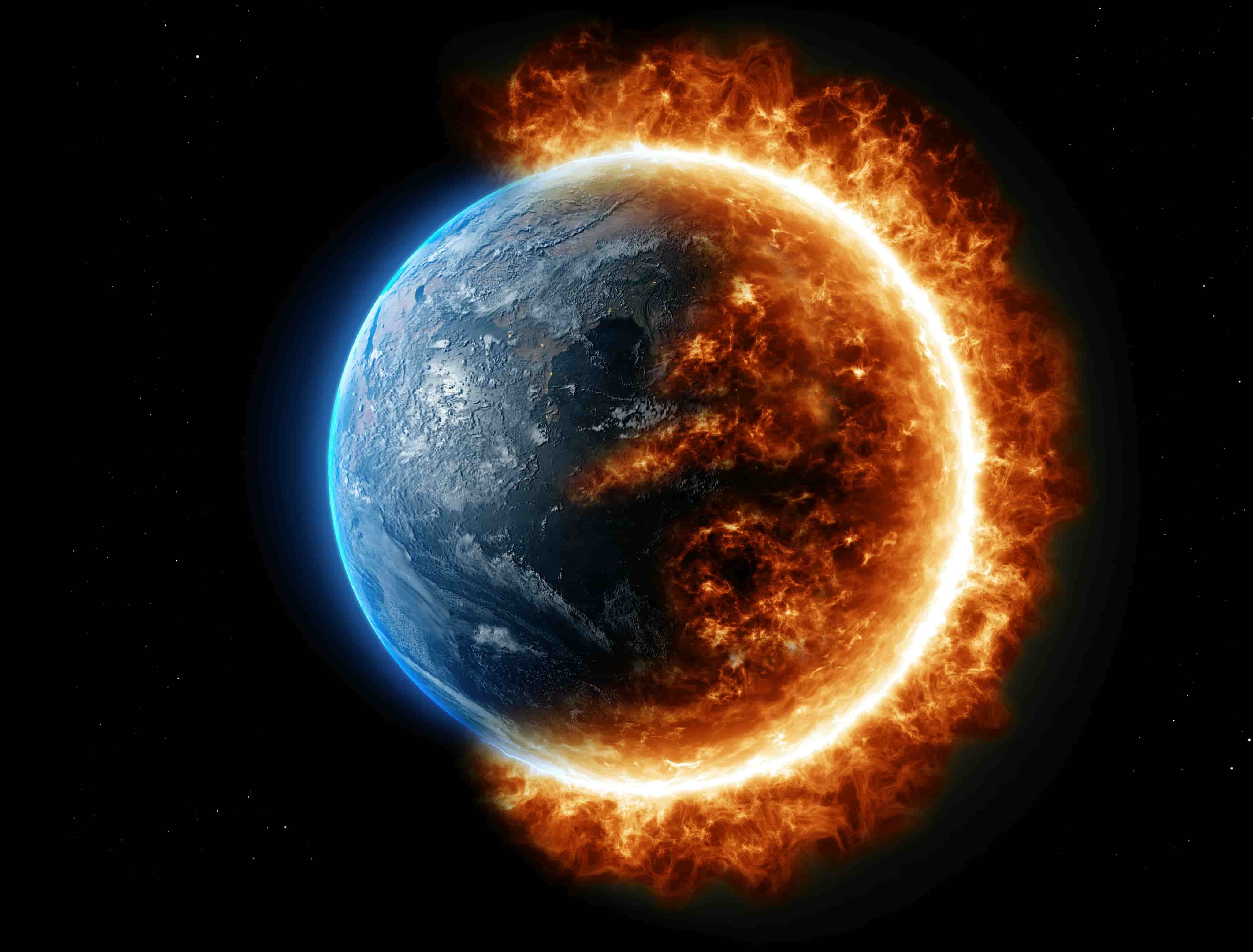 The world shown from space with half of it on fire, depicting the effects of global warming.