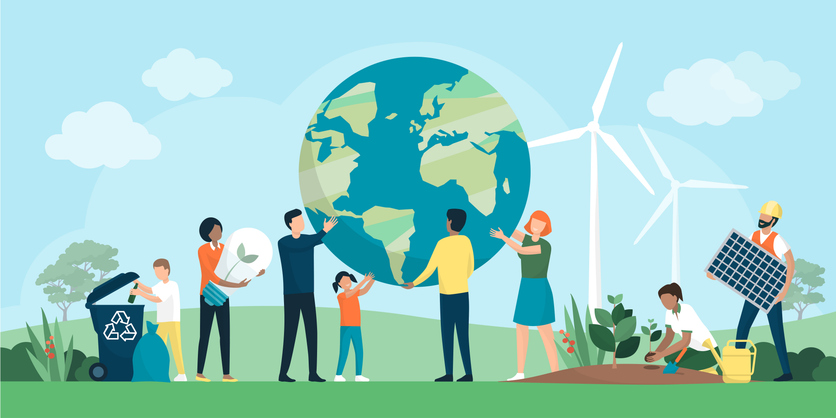 illustration with people holding a globe outside on the grass. Someone is recycling, there are windmills and solar panels. Another is planting in the ground.